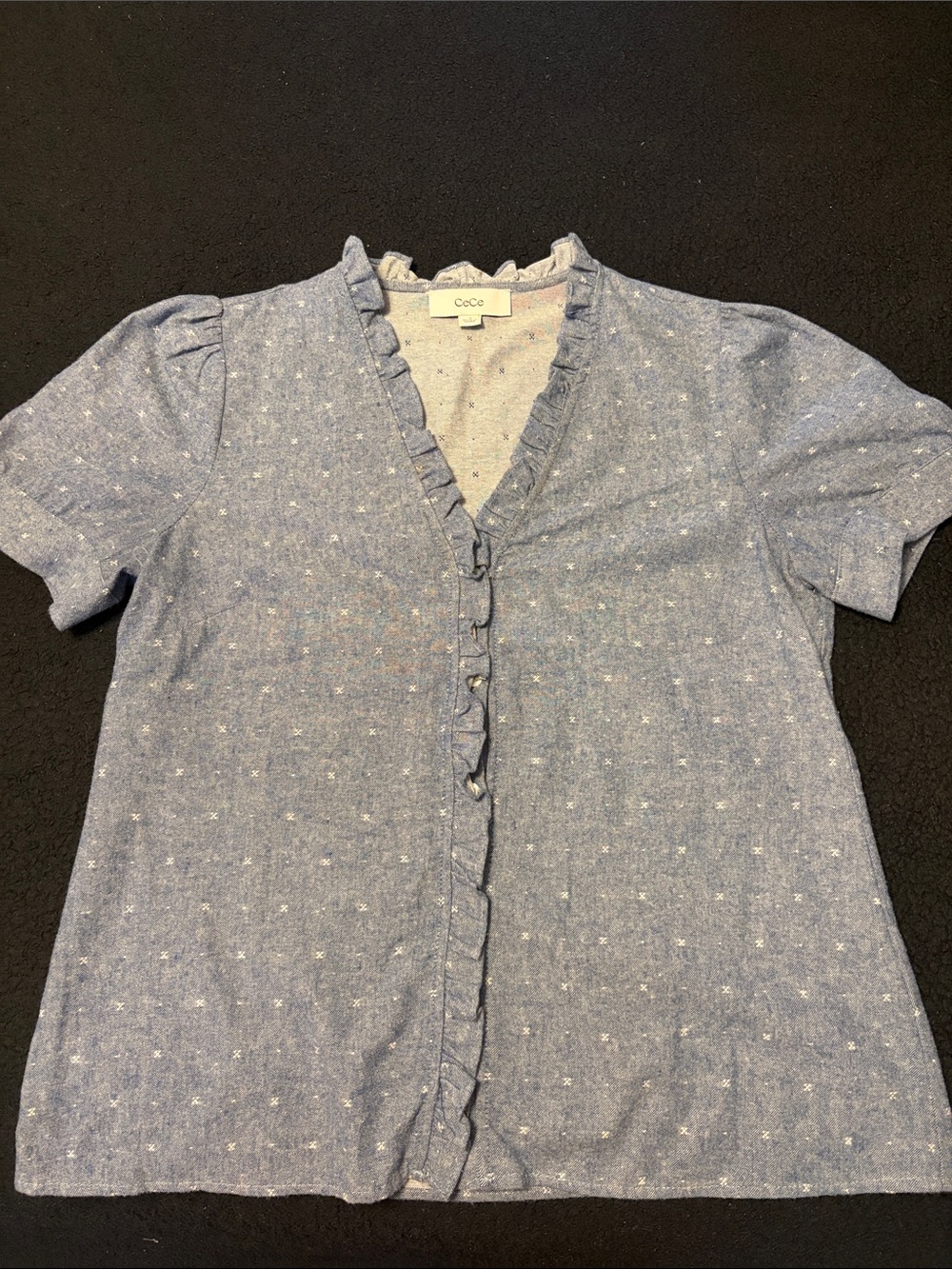 CeCe Light Blue Chambray Ruffle Button-Front Blouse